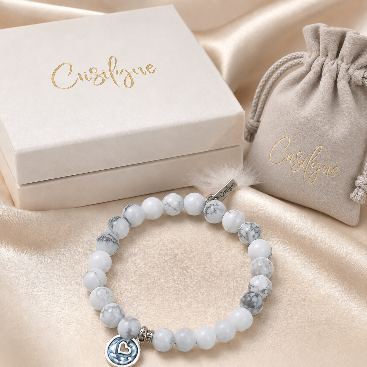 Howlite Heart Charm Bracelet – Natural 8mm Calming Crystal Beaded Bracelet