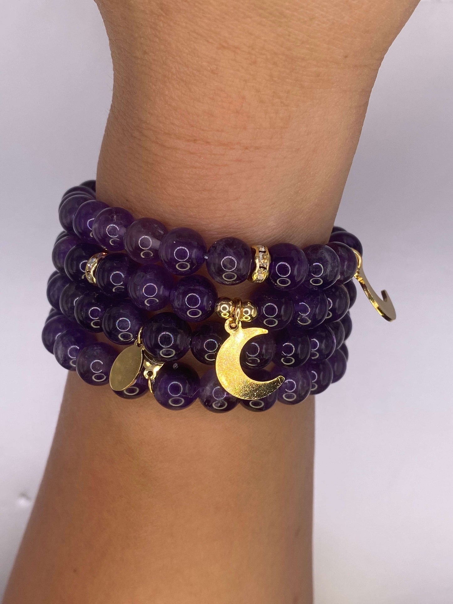 Amethyst Bracelet with Crescent Charm Purple Crystal Gemston
