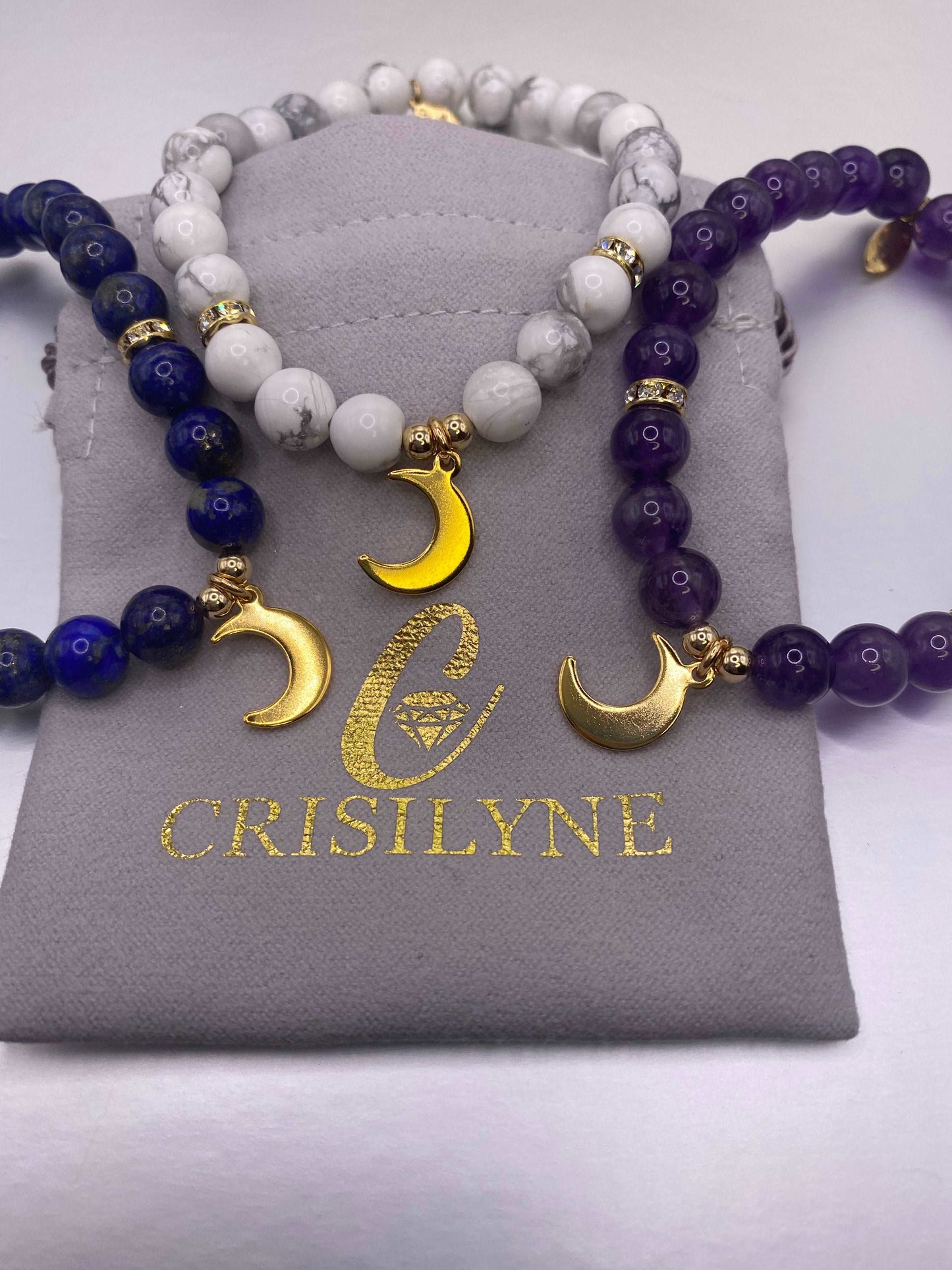 Amethyst Bracelet with Crescent Charm Purple Crystal Gemston