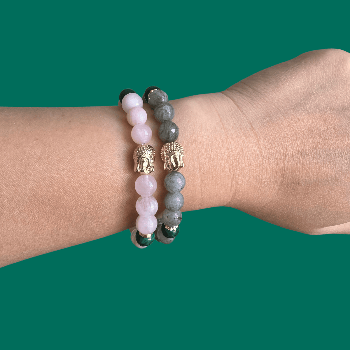 Malachite Buddha Bliss Bracelet — Rose Quartz or Labradorite