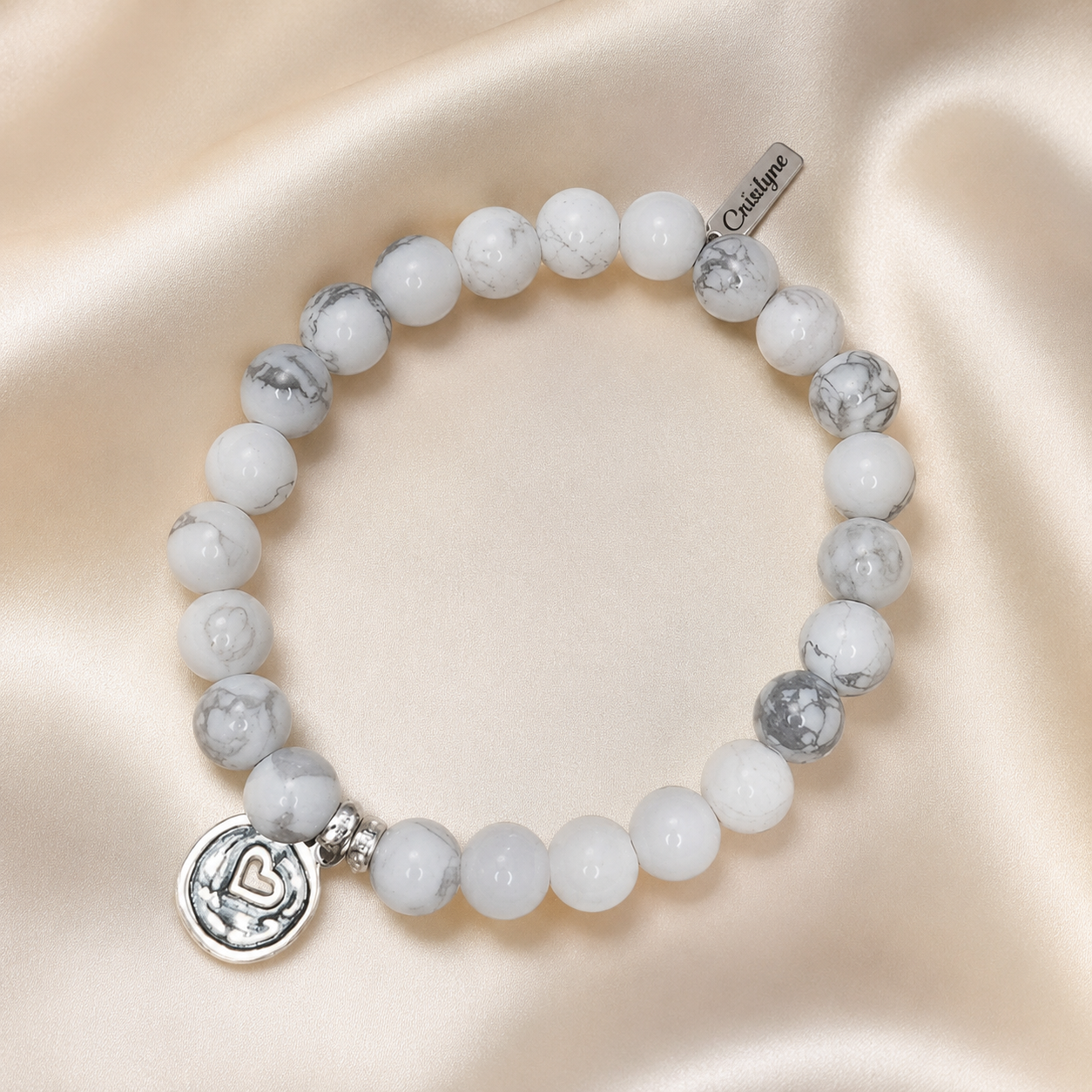 Howlite Heart Charm Bracelet – Natural 8mm Calming Crystal Beaded Bracelet