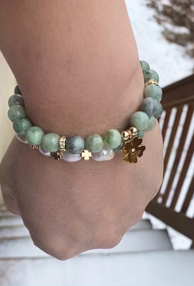 
                  
                    Load and play video in Gallery viewer, Burma Jade with Clover Leaf Charm Bracelets
                  
                