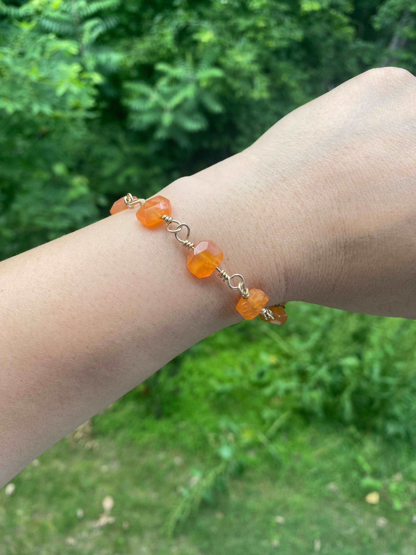 
                  
                    Eva - Orange Chalcedony 14k Gold Filled Wire Wrapped Bracelet
                  
                