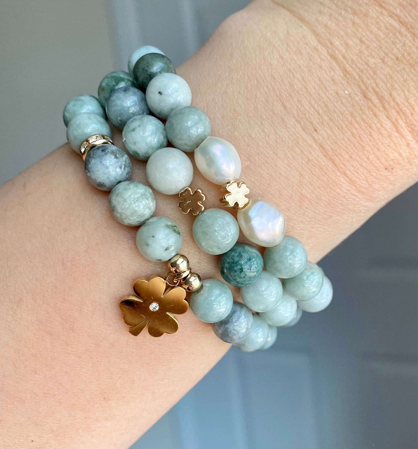 
                  
                    Burma Jade with Clover Leaf Spacer Bracelets
                  
                