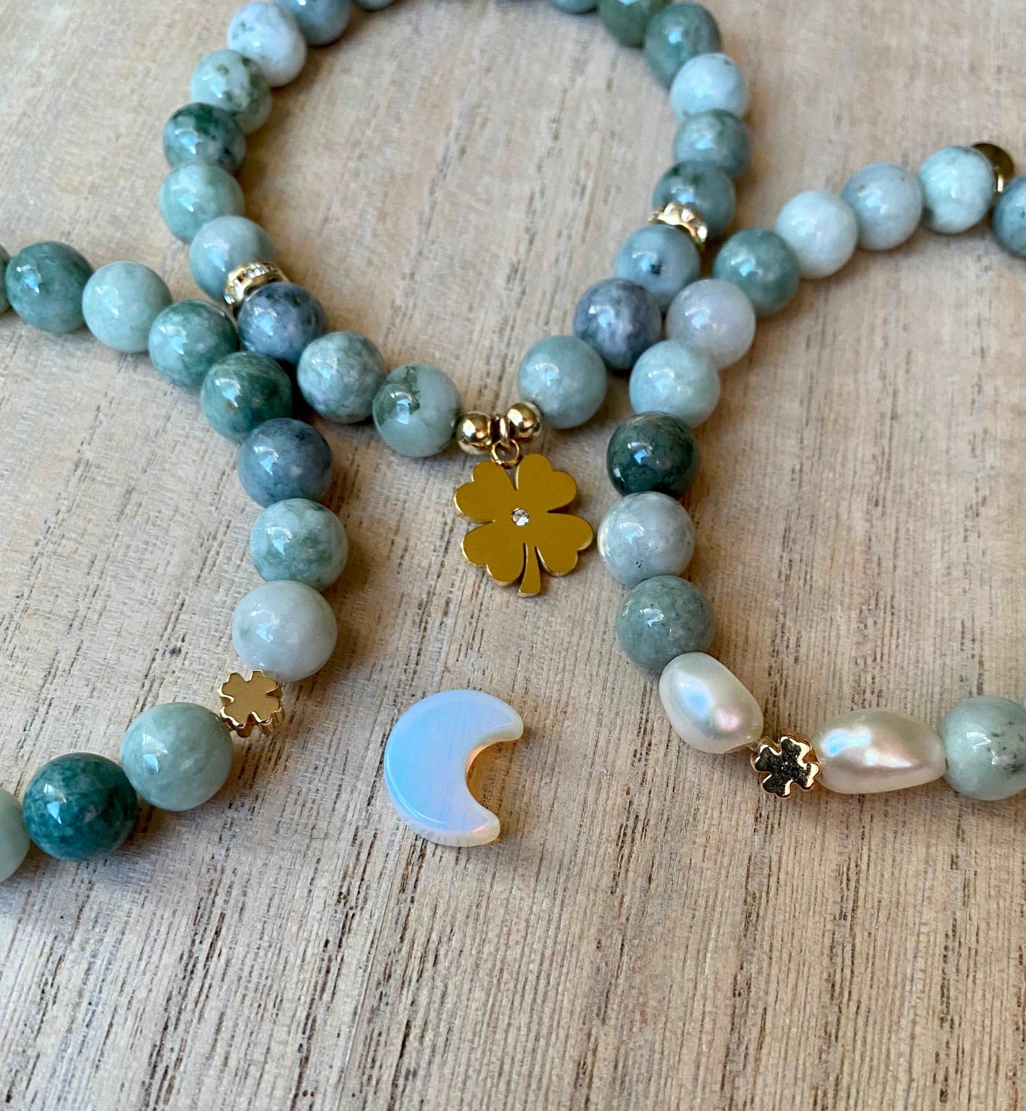 
                  
                    Burma Jade with Clover Leaf Spacer Bracelets
                  
                